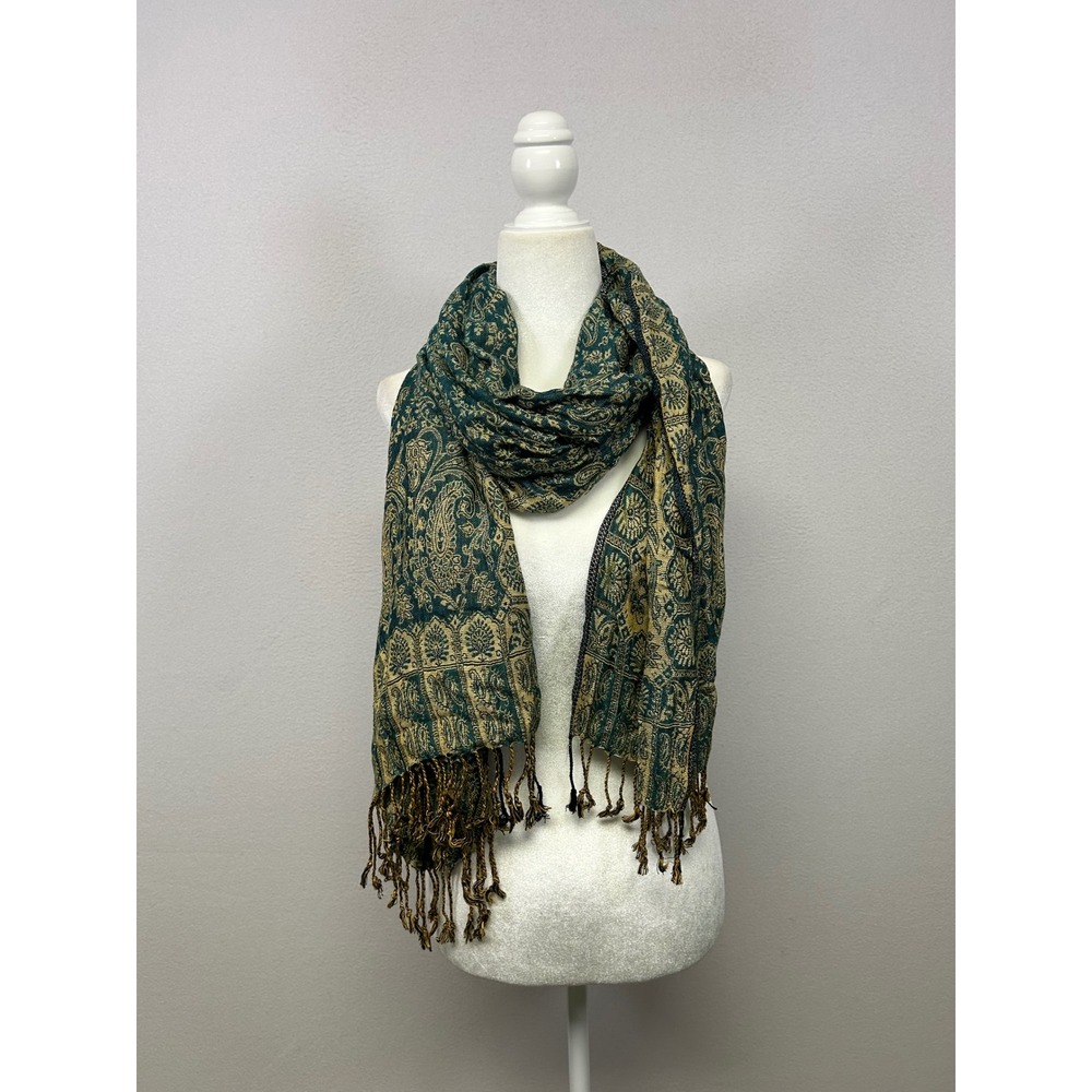 Boho Pashmina by Ashley Cooper Womens OS Green Gold Paisley Tassel Fringe Shawl